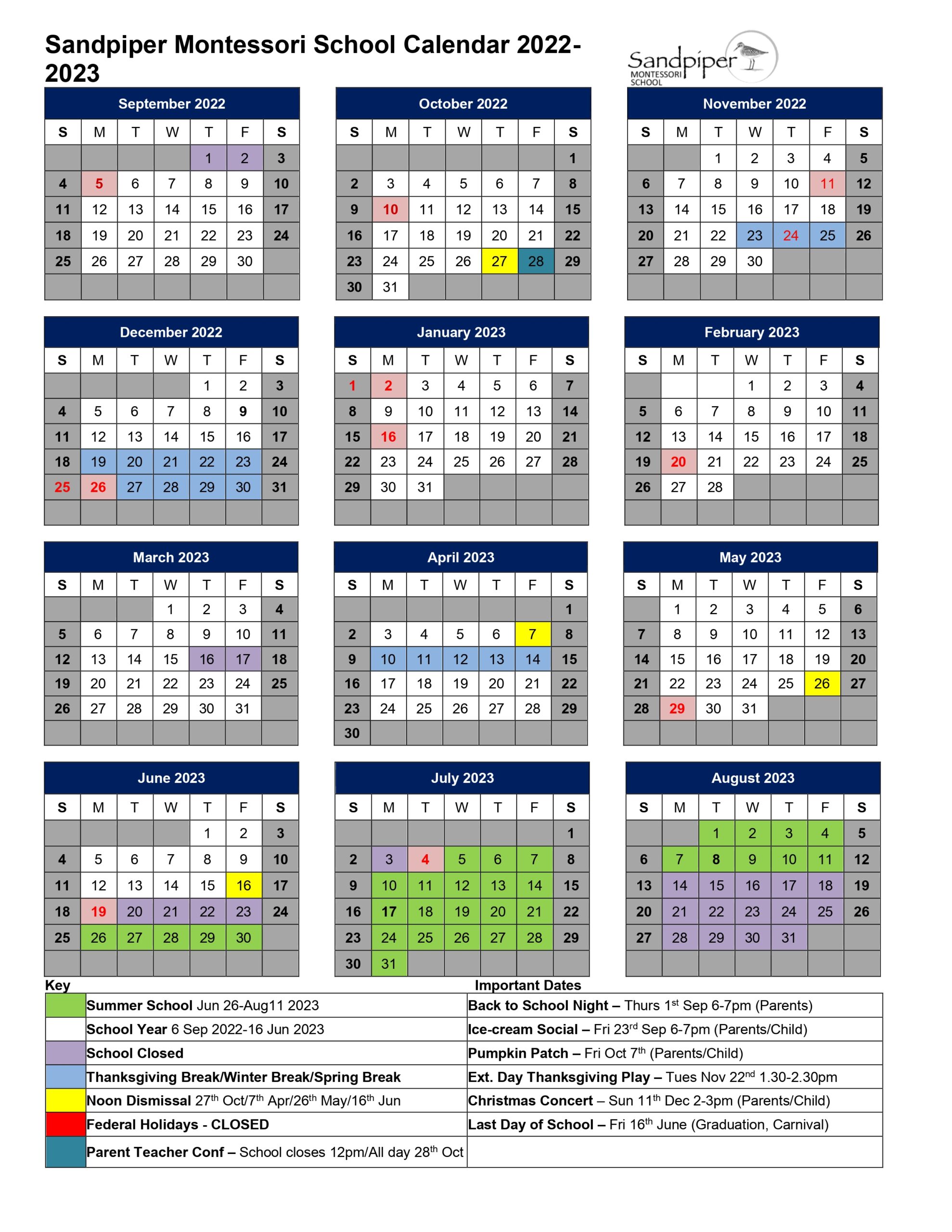 Summer 2023 School Calendar | Sandpiper Montessori School